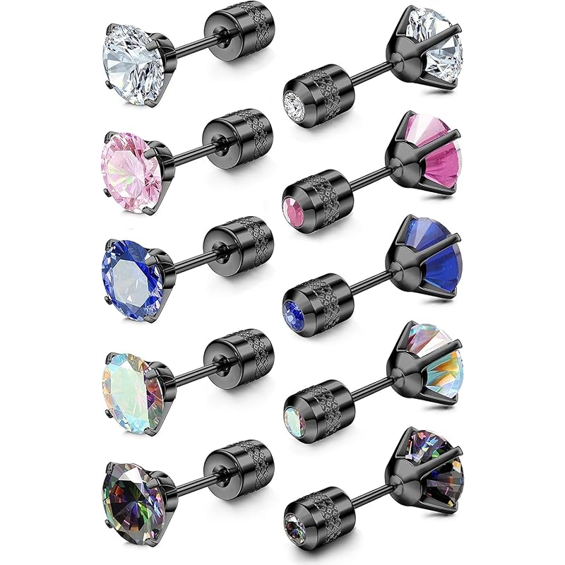 

Jstyle [5 pair set] Earrings ladies men s Popularity double sided one grain earrings zircon helix screw type stud earrings set zirconia stainless 20g