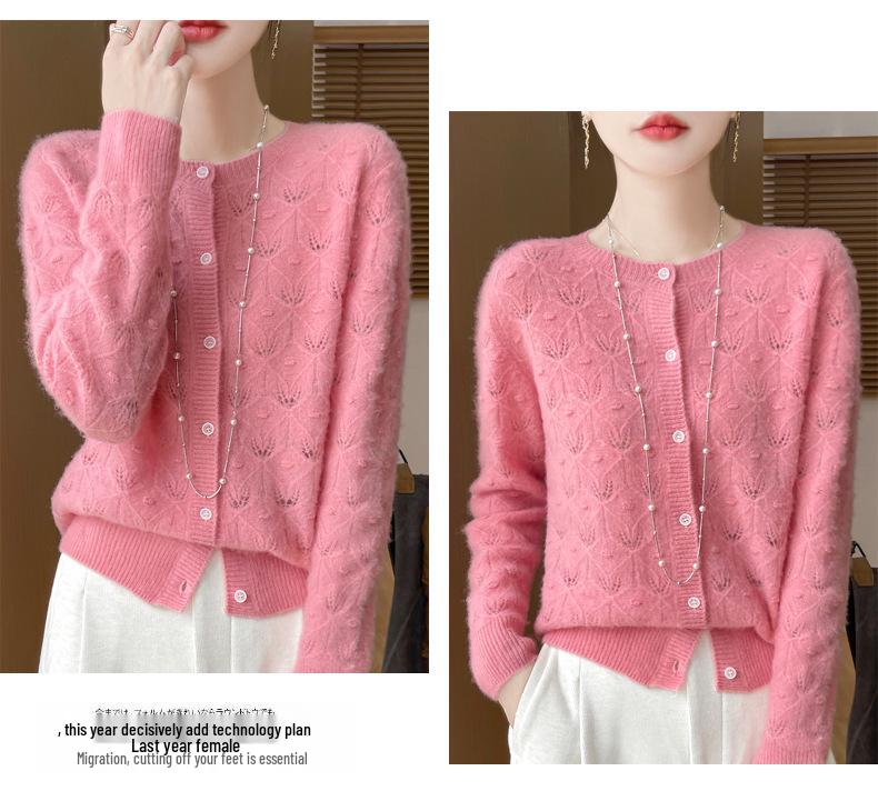 2024 Early Autumn Women's Merino Wool Round Neck Knit Cardigan with Hollow Details