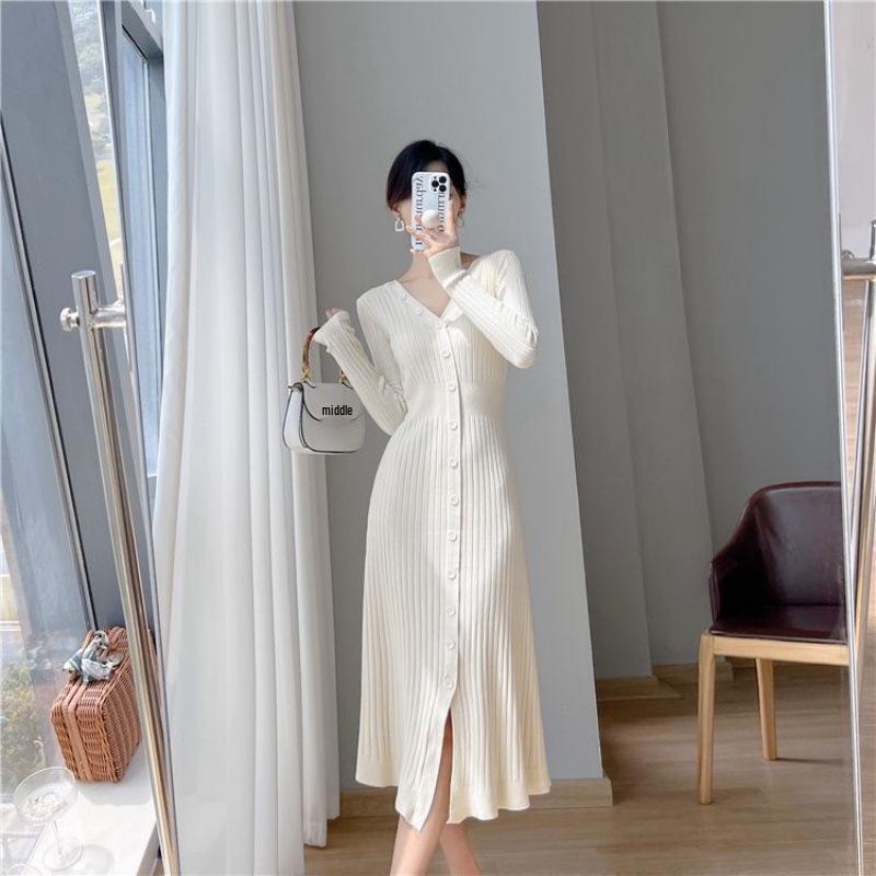 Women's French Style Long Knit Sweater Dress, Slim Fit, Single-Breasted, for Autumn and Winter