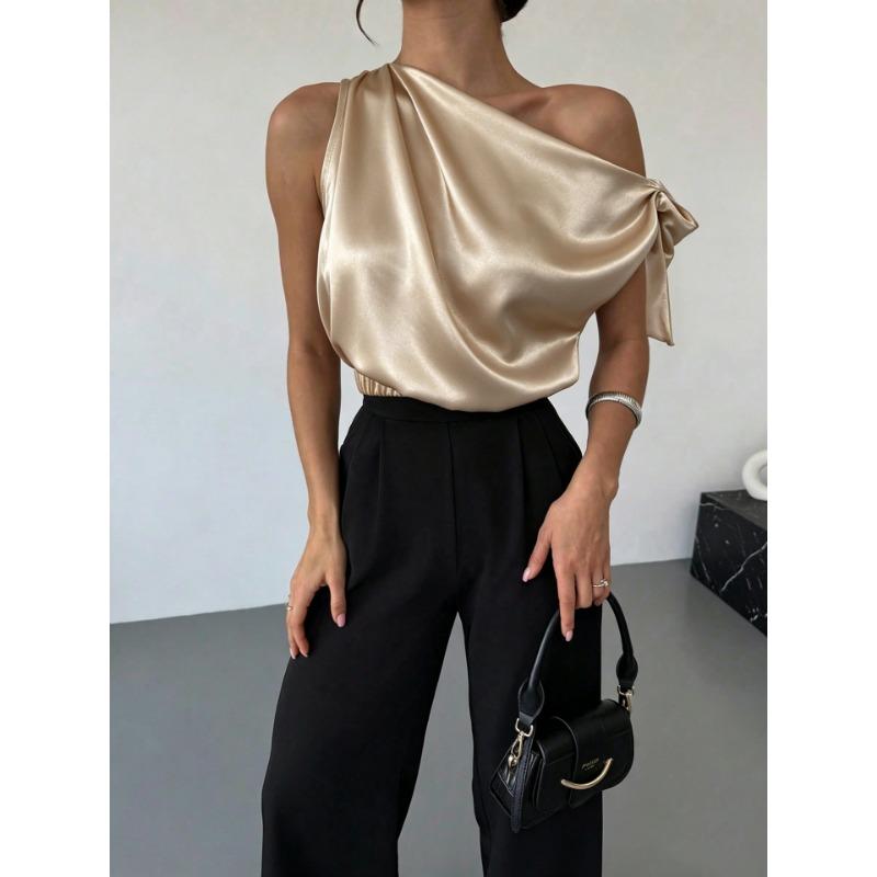Women One Shoulder Satin Blouse With Bow Detail Elegant Sleeveless Party Tops