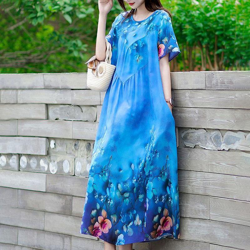 Summer Women's Plus Size Dress Loose Round Neck Floral Dress Soft Skin-friendly Breathable Long Dress