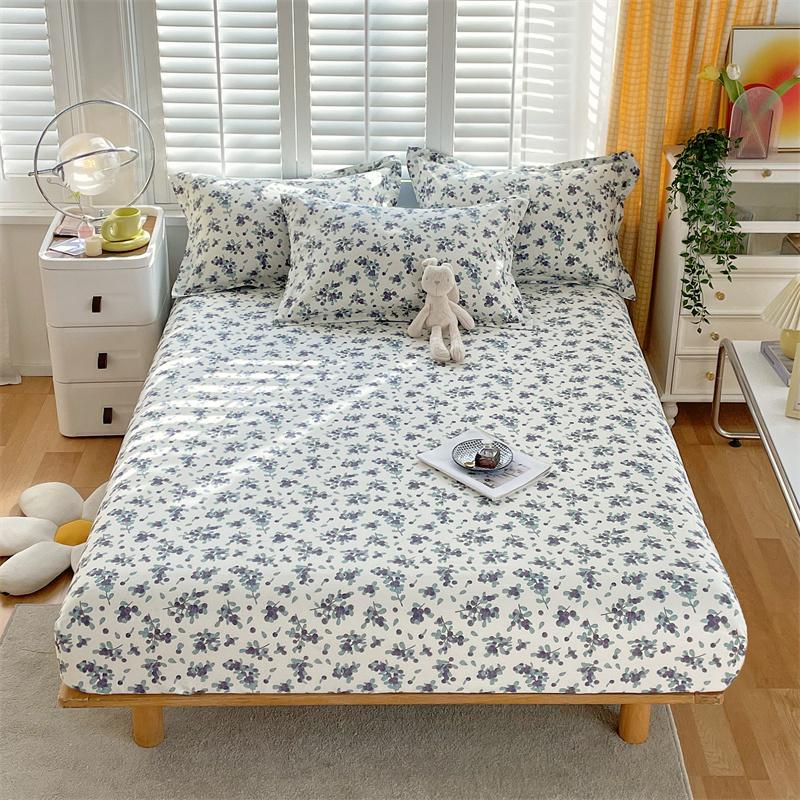 Blue White Floral Pattern Fitted Sheet Set Abstract Flowers Cotton Bedding Set Skin-friendly Non-slip Bedspread with Pillowcases
