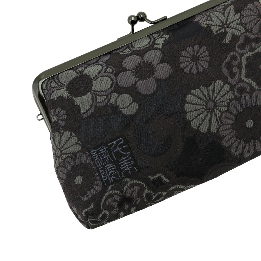 Senshishuin Nishijin Brocade Clasp Flat Pouch Floral (Lined) (Black Pattern)