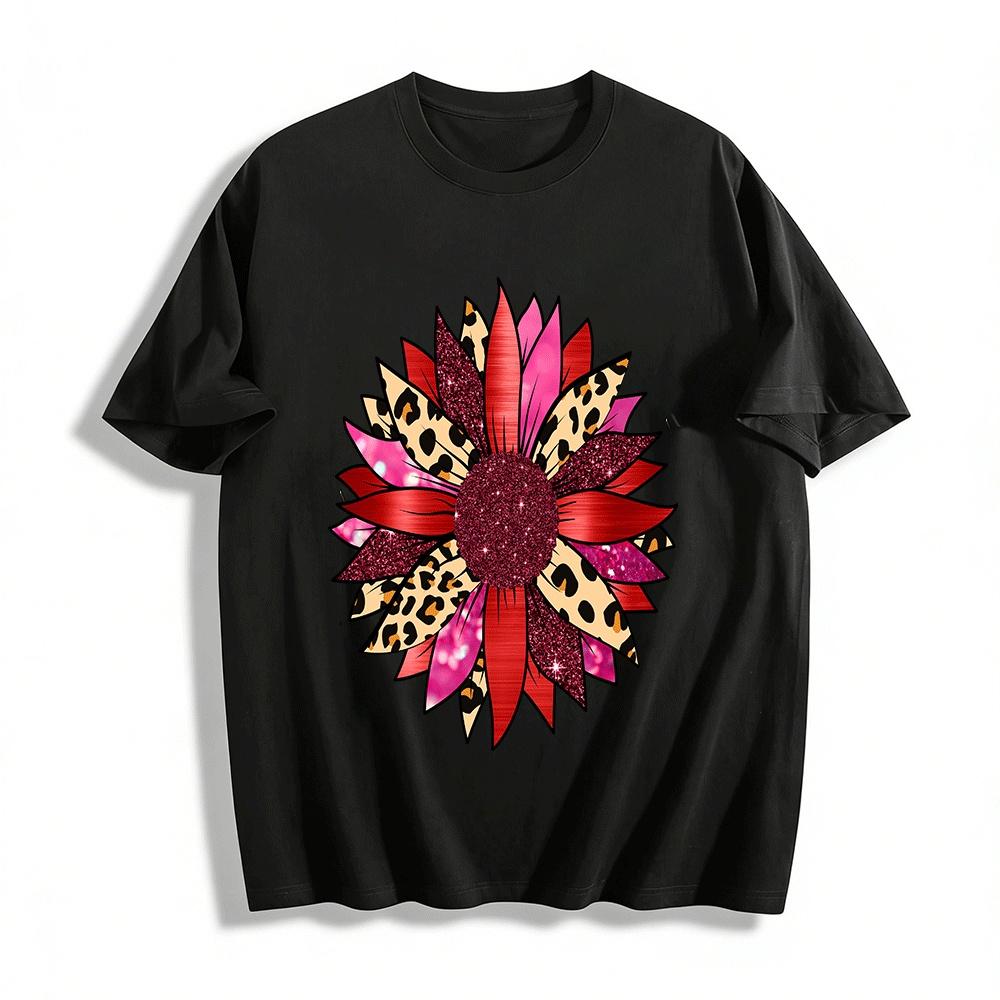 Leopard Print Glitter Floral Graphic Casual Tee for Women Pure cotton T-shirt XXS