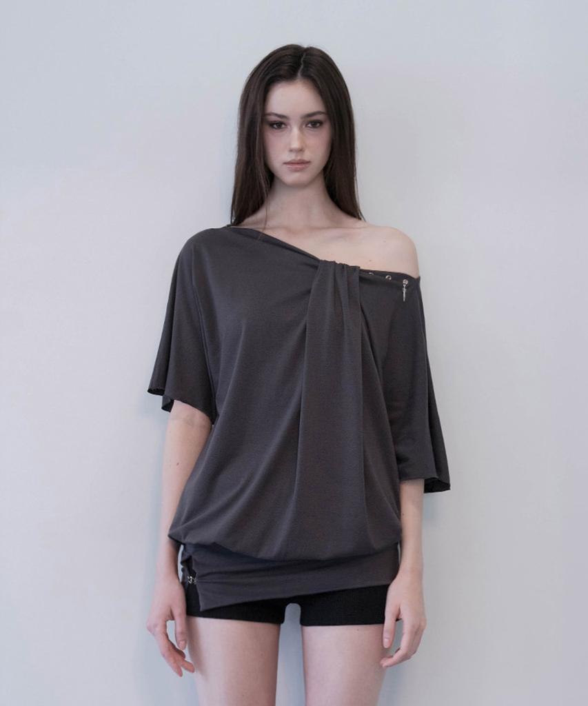 Demio Off-Shoulder Draped Mini Dress (Charcoal)