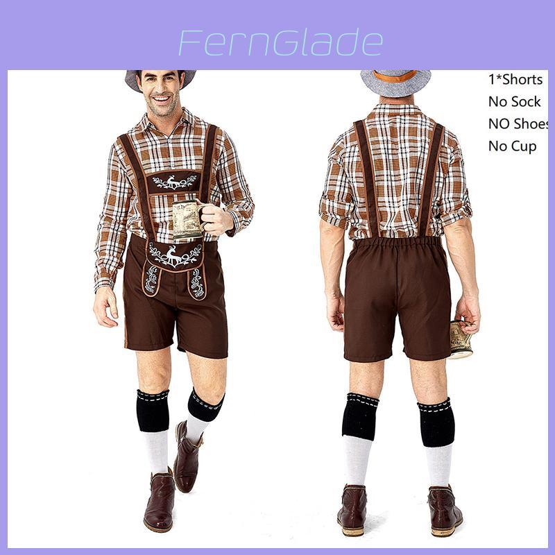 Stylish German Oktoberfest Clothing Men Fawn Print Khaki Plaid Costume Set