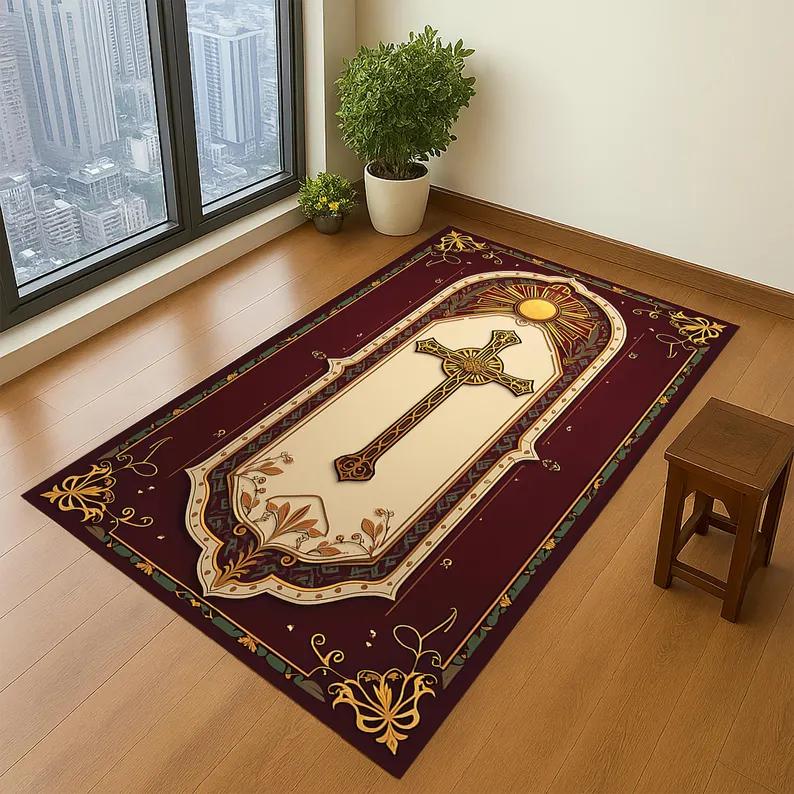 Religious Cross Carpet Mat Rug - Gold Pattern Red Background Floor Decor for Living Room Home Decoration Carpets for Living Room