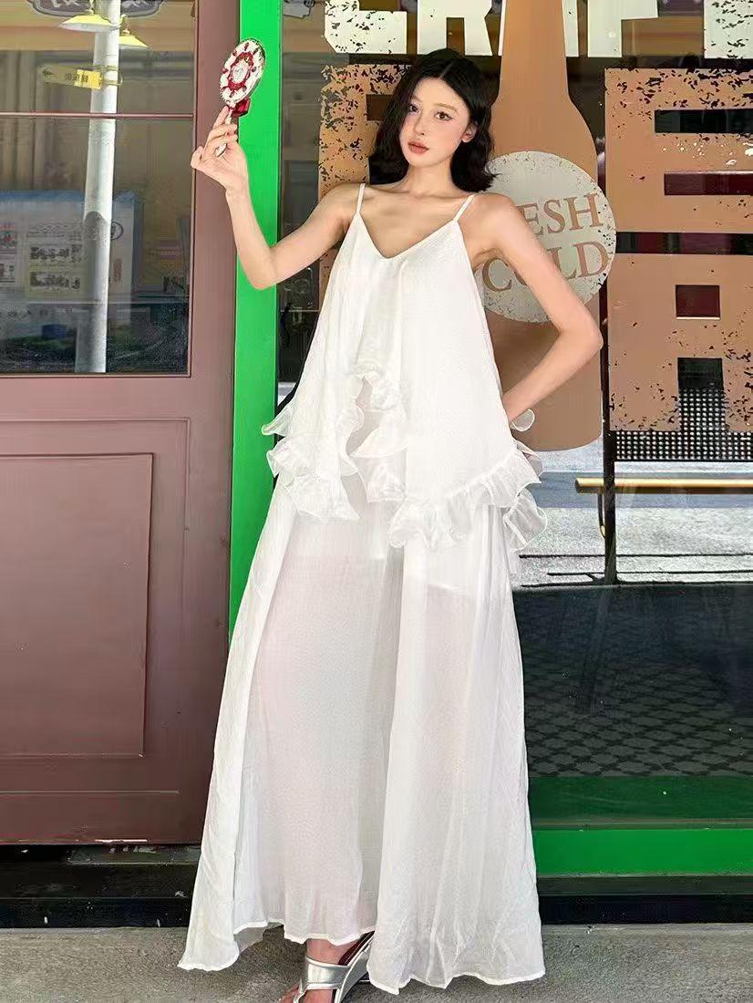 2026 French Holiday Ruffled Camisole Maxi Dress: Women s Summer Flowy Long Dress One Size