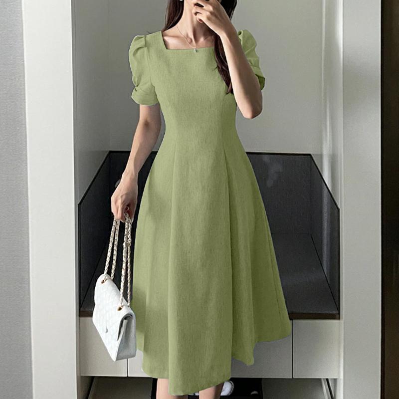 ZANZEA Women Casual Square Collar Short Sleeve Summer A-line Dress