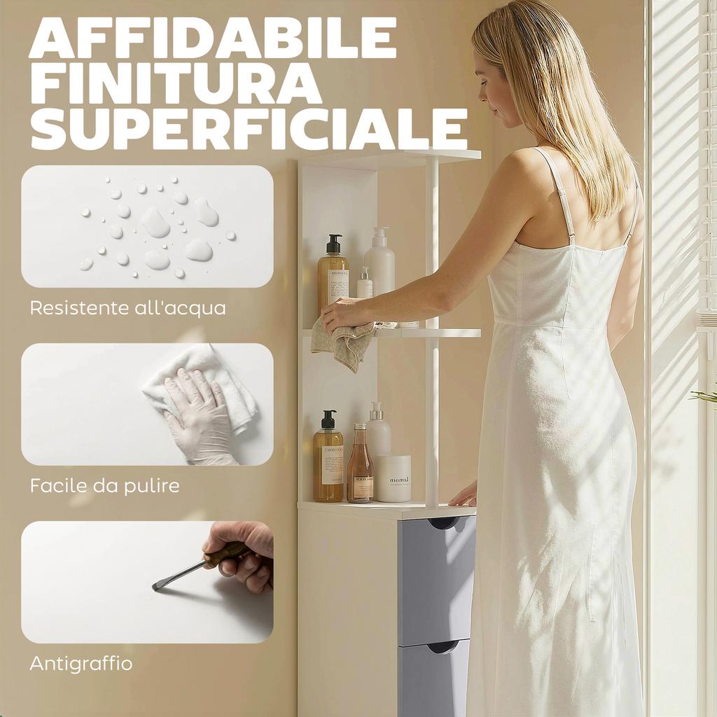 Colonna per Bagno, Mobile da Bagno in Legno Salvaspazio, Mobile con Armadietto, Mensole e Cassetti, 15x33x136,8 cm, Grigio Chiaro