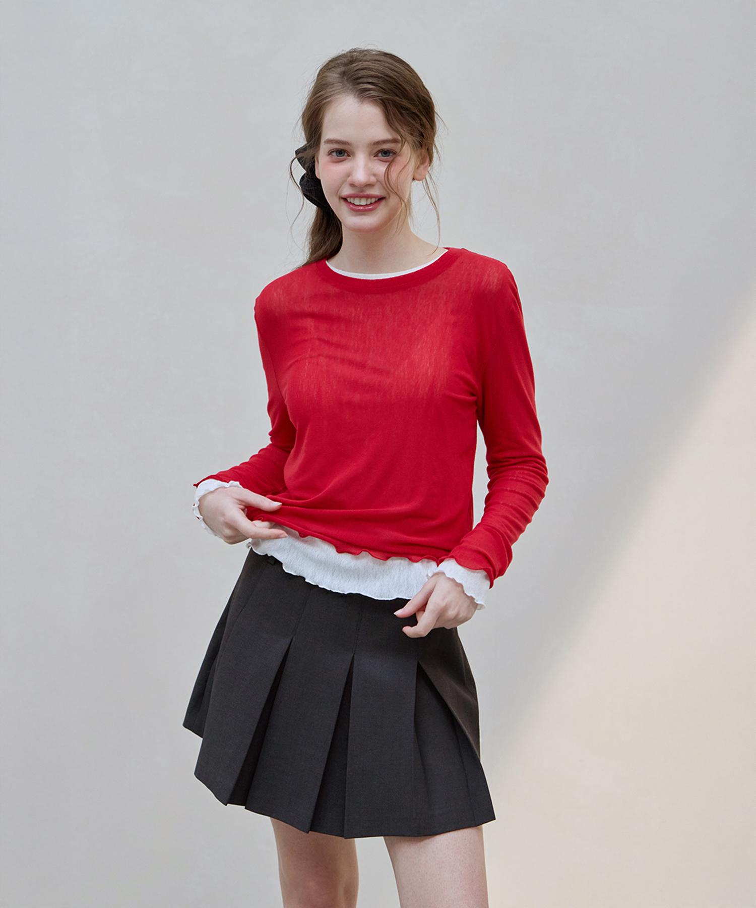 Mood Inside Woman (Woman) Even Frill Long Sleeve_ Red Black/Free