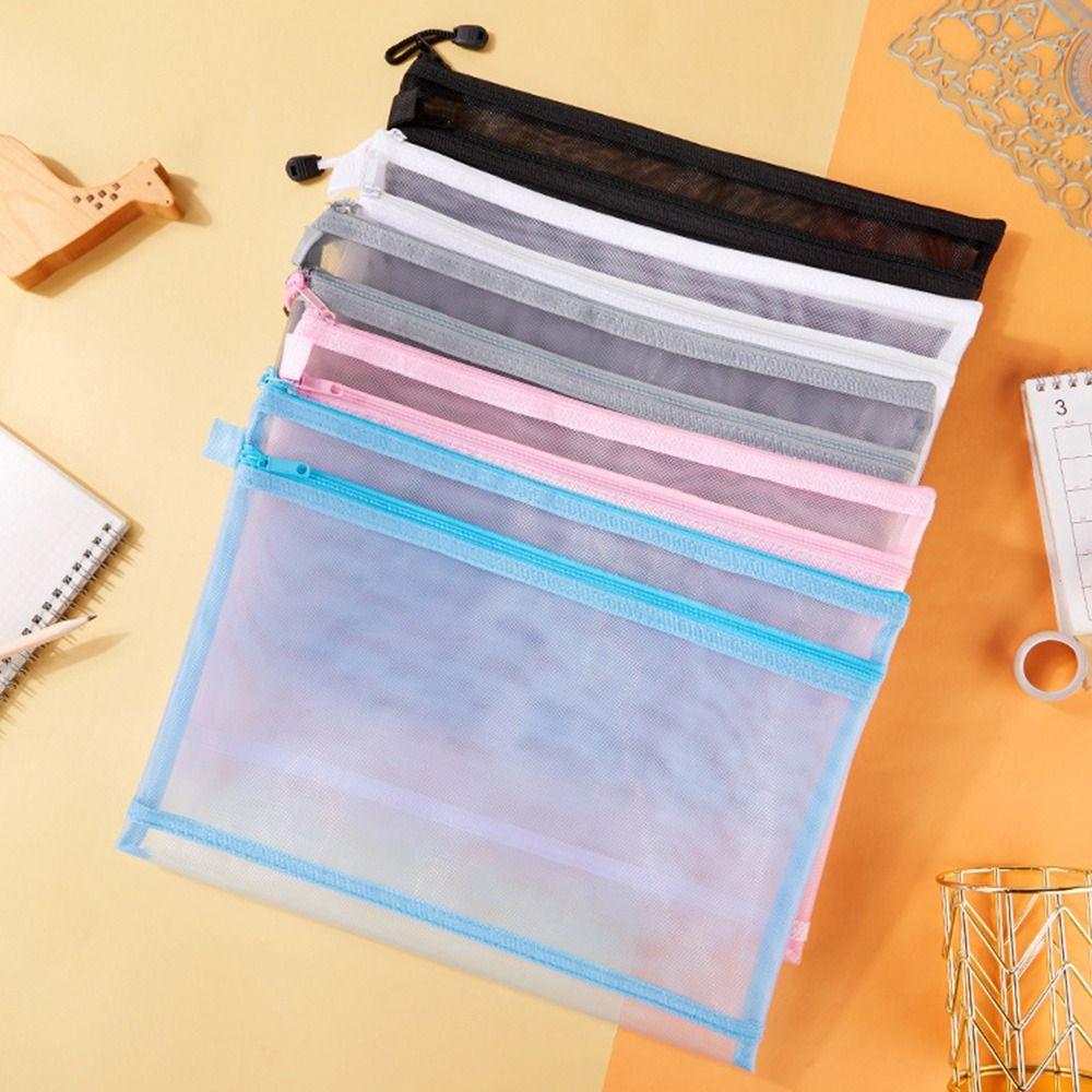 Large Capacity Zipper Pencil Case with Zipper Double Pocket Simple Transparent Mesh File Folder