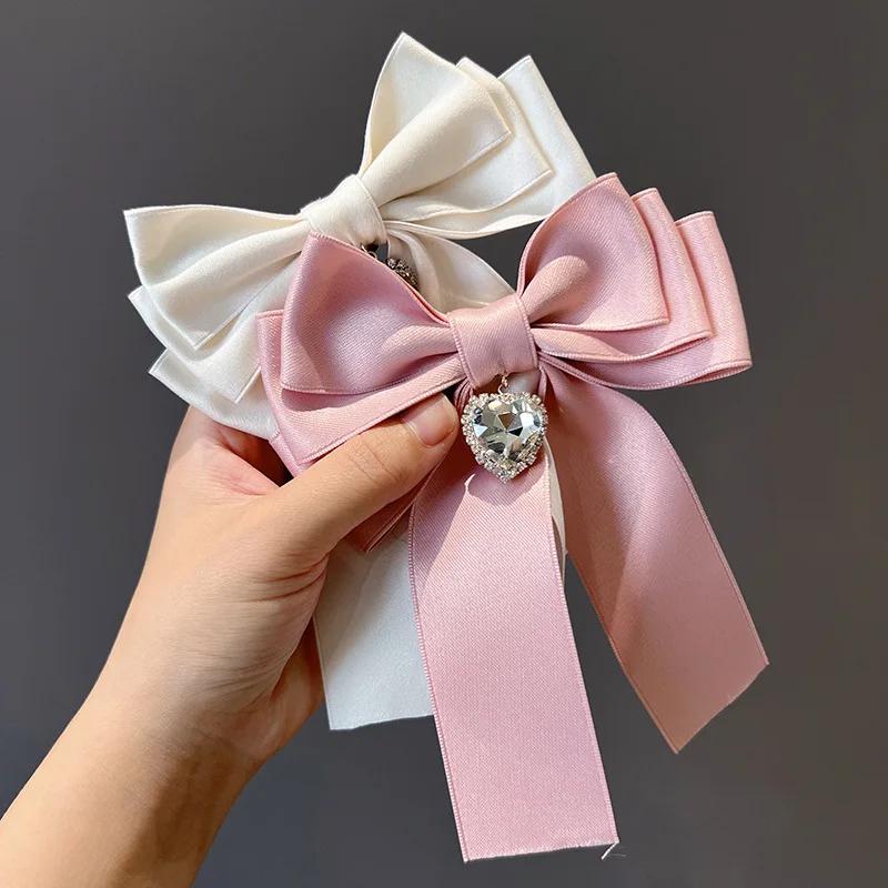 New Women's Rhinestone Heart Tassel Bow Tie Korean Style Versatile Suit Shirt Collar Flower Hair Clip Dual-purpose Accessory