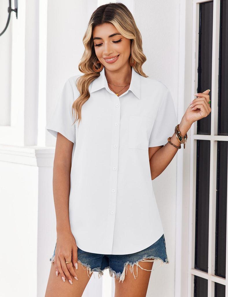 Chemise Boutonnée Manches Courtes Couleur Unie pour Femme - Haut Business Casual/Formel pour le Travail, Collection Printemps/Été 2026