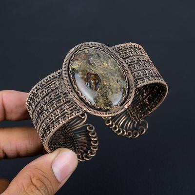 Rock Calci Gemstone Pure Copper Wire Wrapped Handmade Cuff/ Bangle Jewelry Adjustable