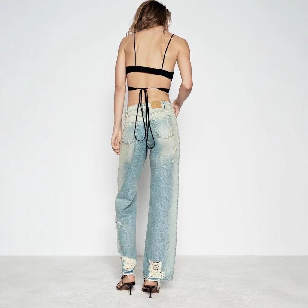 2024 Autumn Women's Distressed Mid-Waist Straight-Leg Jeans - French-Inspired European & American Fashion Trend