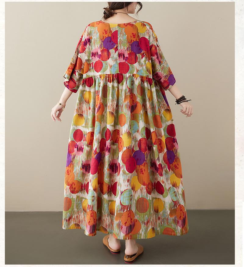Plus Size Floral Dress Cotton Linen Round Neck Travel Dress Summer Large Size Vintage Loose Bohemian Long Dress Women's Clothing