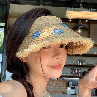 Summer Hat Women's Sun Hat Big Brim Burr Straw Hat Flower Empty Top Sun Hat Premium Sunscreen Hat
