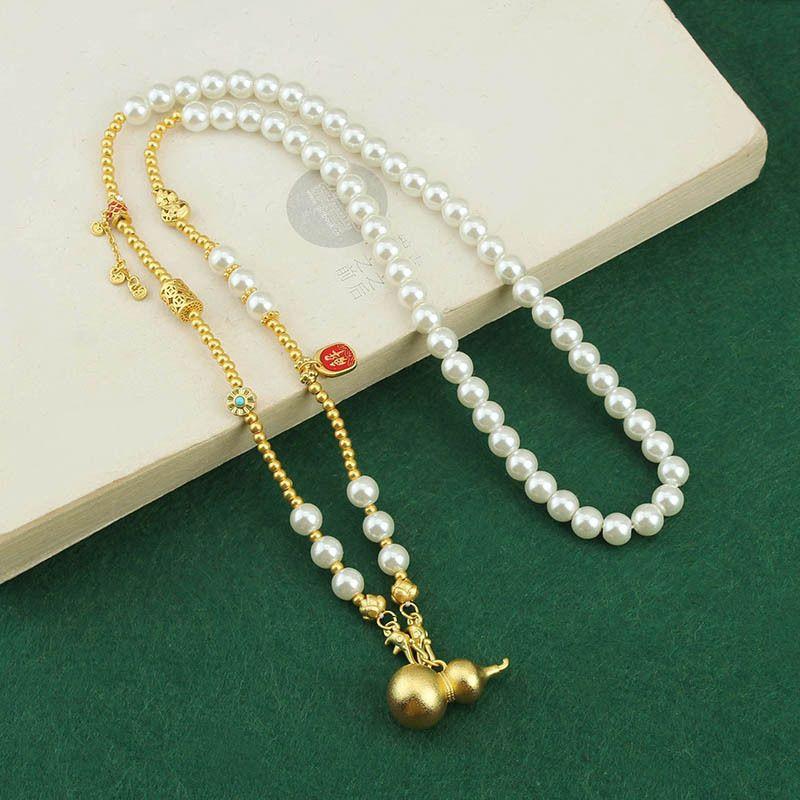 

New Chinese Style Ancient Golden Eight Treasures Compass Imitation Pearl Necklace Female Accessible Luxury Fancy Cheongsam Ornament Ruyi gourd imitation pearl necklace