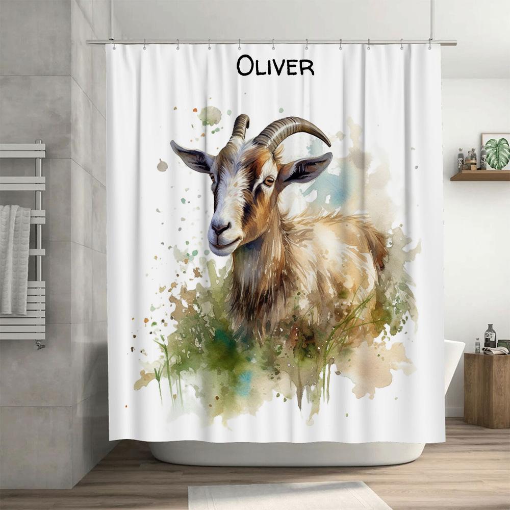Customizable Art Print Goat Shower Curtain Personalized Bathroom Decor Olive Green Watercolor Painting Animal Home Decoration 18