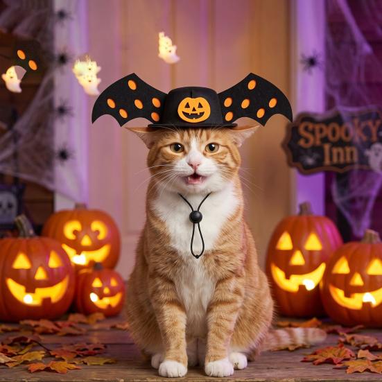 Pet Party Costume Accessory Halloween Bat Hat, Red Horn Pumpkin Cat Funny Hat Wings Felt for Cats Small And Medium Dogs Soft