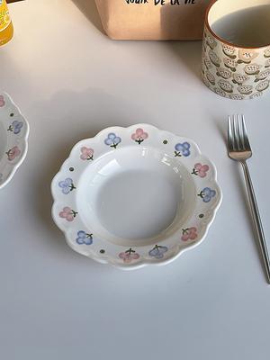 French Style Floral Print Ceramic Plates Household 7.5 Inch Fruit Salad Dishes Flower Shape Underglazed Colour Kitchen Tableware