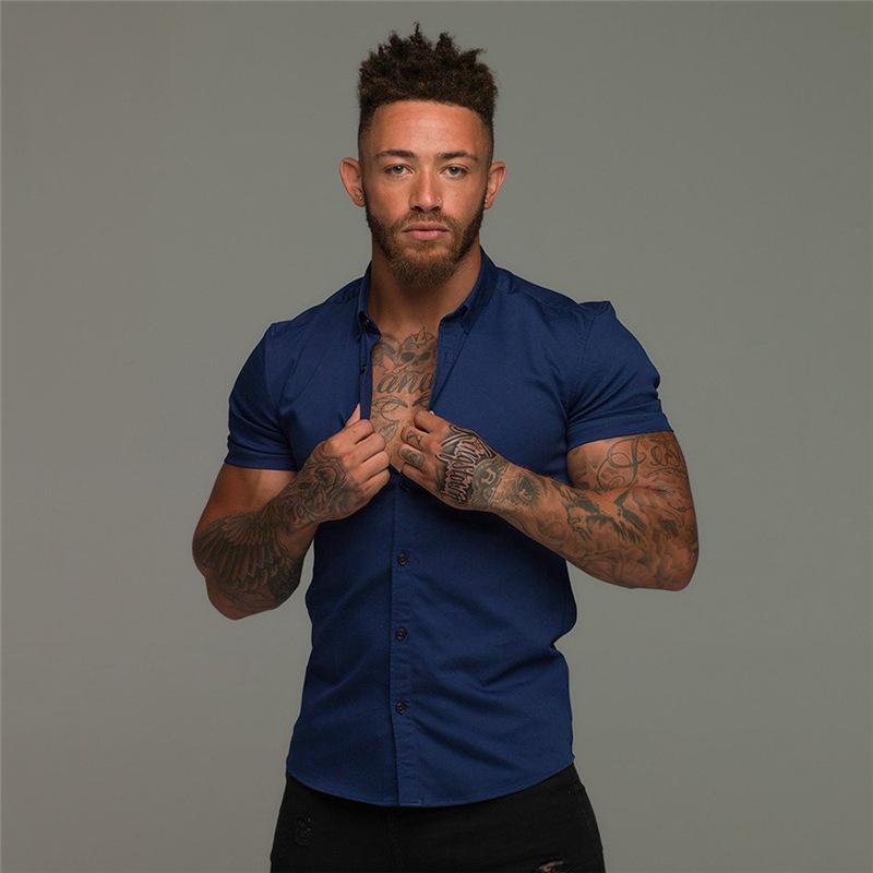 Stretch Thin Solid Color Sports Casual Cardigan Business Shirt Men's Fitness Short-sleeved Lapel Shirt