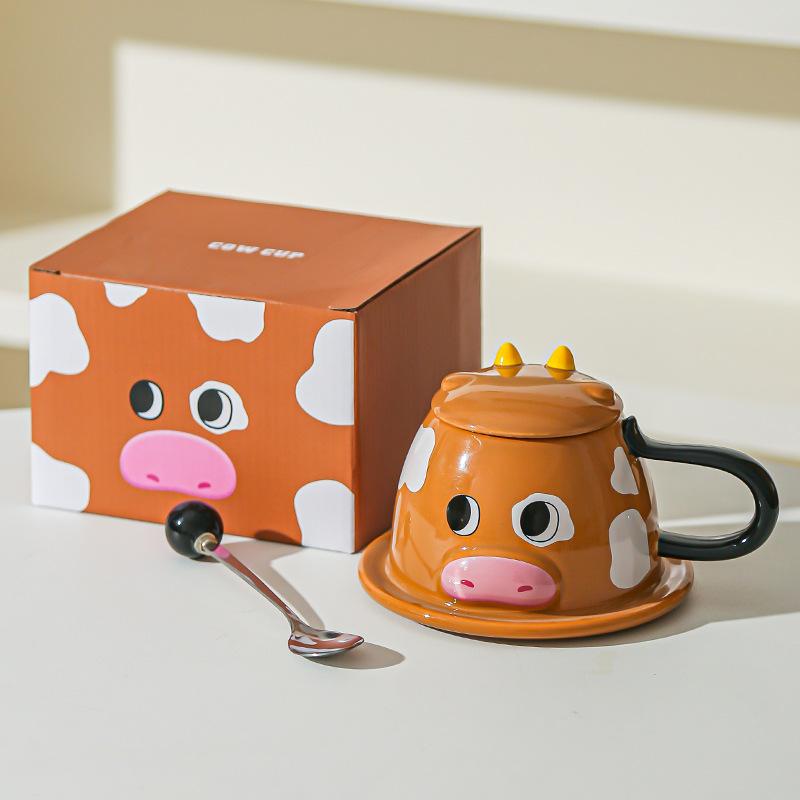 Kreatywny Uroczy Kreskówkowy Trójwymiarowy Kubek do Wody dla Pary Krów Kubek Ceramiczny z Pokrywką Lalka Uroczy Kubek dla Zwierzaka Kubek do Kawy