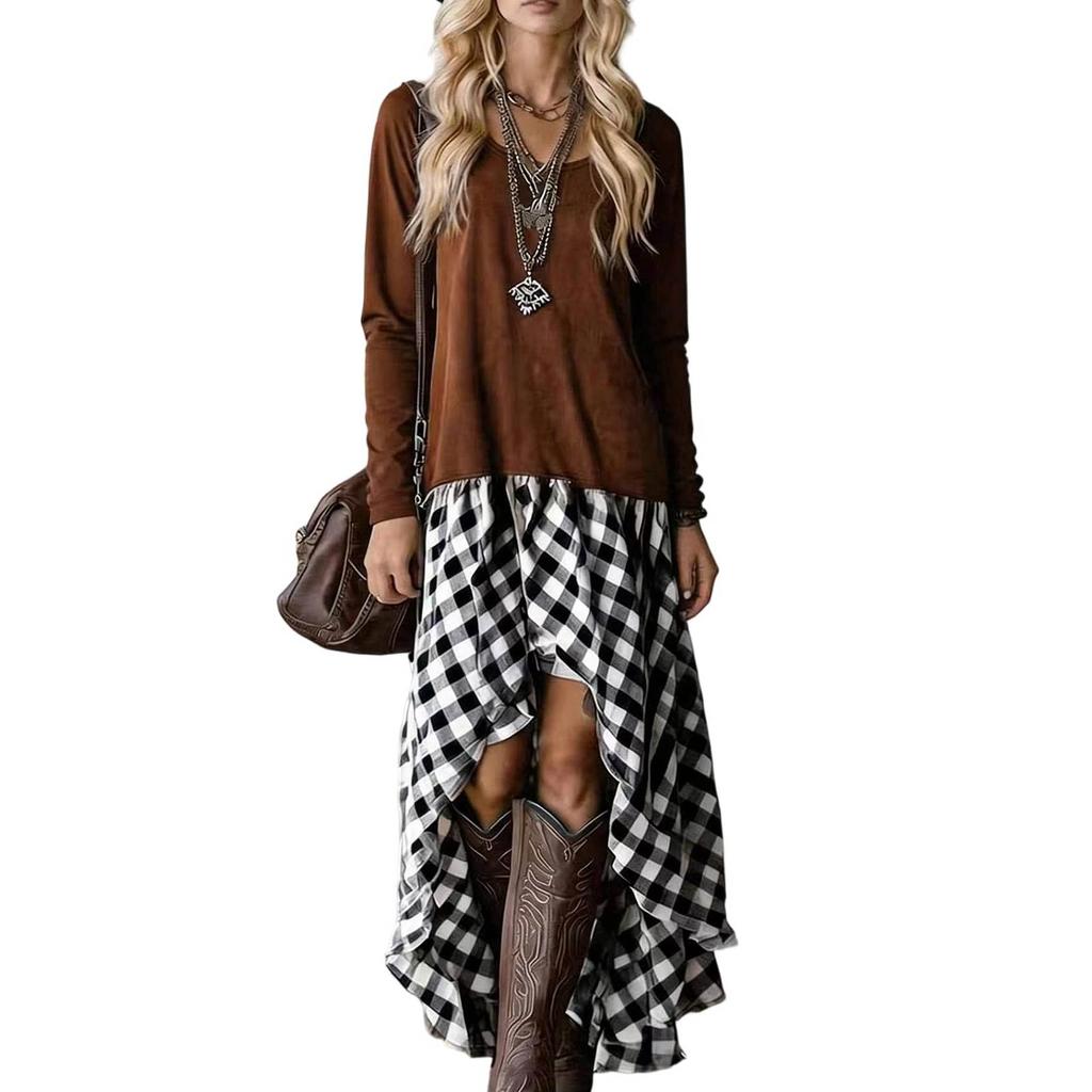 Women's Long Sleeve Bohemian Dress with Plaid Patchwork and Asymmetric Hem for Spring and Fall