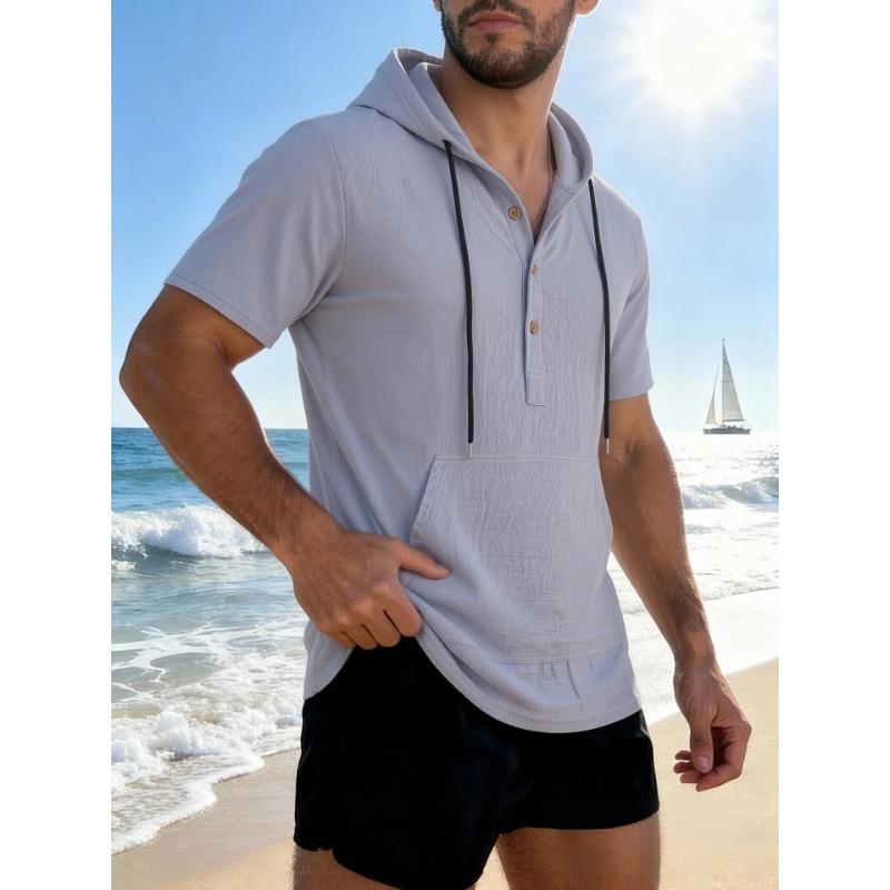 Mens Solid Color Loose Casual Short Sleeve Hooded Shirt