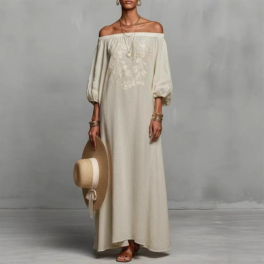 Elegant Floral Off Shoulder Maxi Dress With Embroidery For Casual Spring Occasion