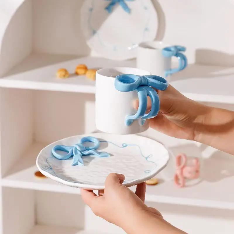 Nordic 3D Bow Cute Plate and Coffee Mug Hand-painted Ceramic Plate Ornament Sliving Bedroom Dining Table Snack Fruit Salad Plate