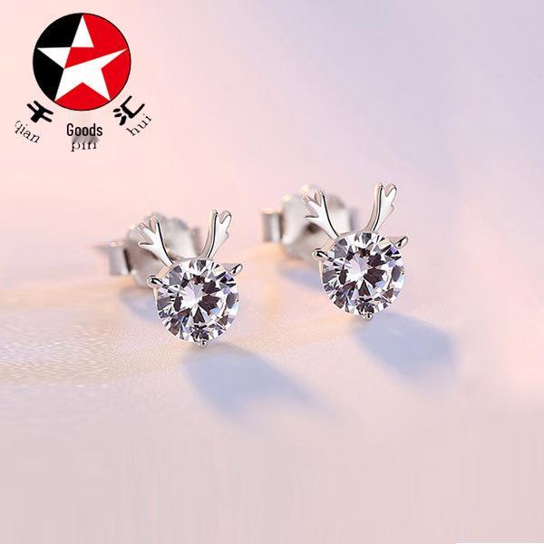 Antler Stud Earrings: S925 Sterling Silver, Simple Diamond, Little Fawn Design, Women's Korean Christmas Jewelry