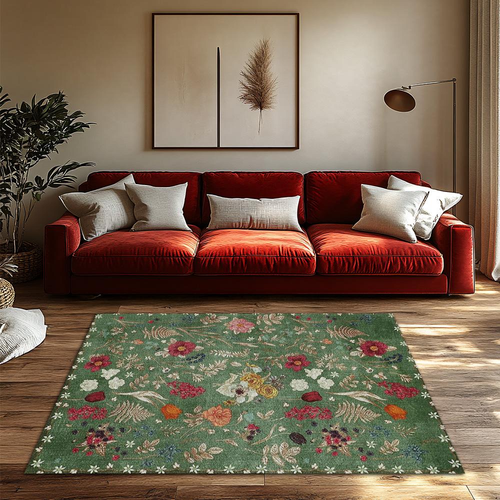 Green Floral Bohemian Area Rug, Multicolor Pattern Non-Slip Carpet, Cozy Living Room Mat for Natural Home Decor