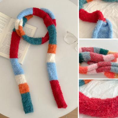 Rainbow Striped Scarf Women Long Skinny Fuzzy Fluffy Neckerchief Knit Thin Scarf Autumn Winter Knitting Scarf Outfit Accessories