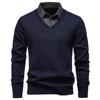 Autumn Winter Mens Long Sleeve Lapel Pullovers Fake Two-Piece Warm Knit Sweater