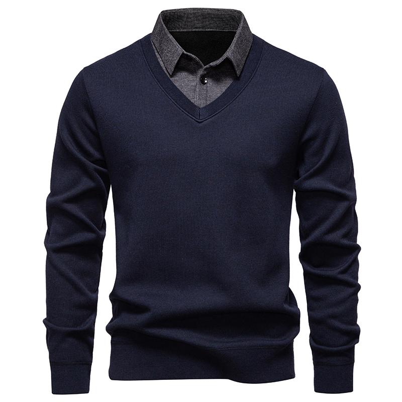 Autumn Winter Mens Long Sleeve Lapel Pullovers Fake Two-Piece Warm Knit Sweater