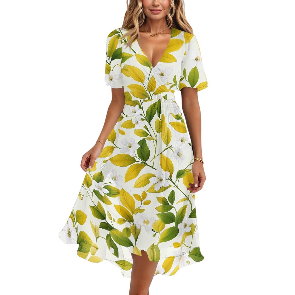 Womens Summer V Neck Short Sleeve A Line Midi Dress Floral Print Flowy Casual Vacation Sundress with Pockets S to 2XL
