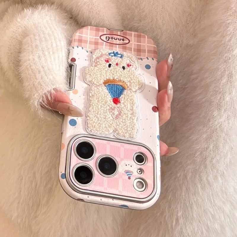 Korean Cartoon Embroidery Plush Animals Leather Texture Phone Case For iPhone 17 13 14 15 16 12 11 Pro Max Shockproof Soft Cover