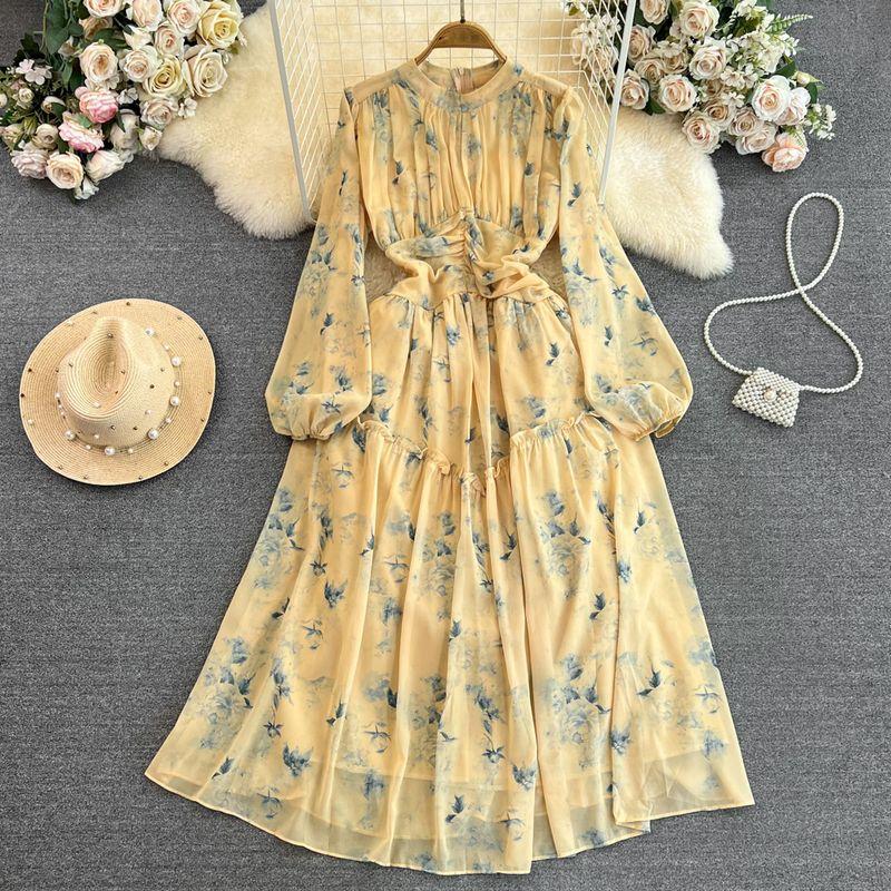 Accessible Luxury Lantern Long Sleeve Stand Collar Elegance Chiffon Dress