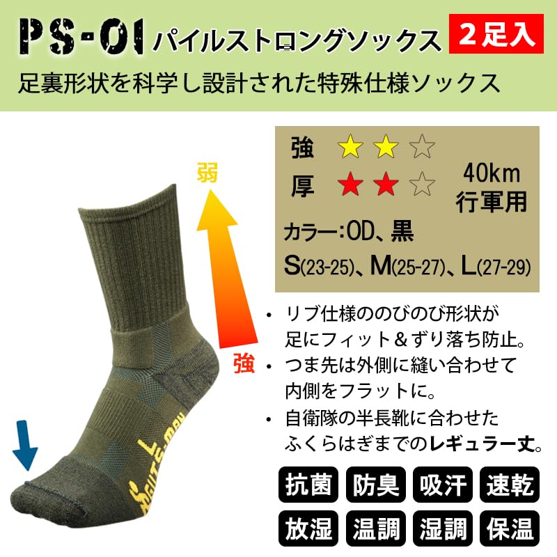 Gutsman Pile Strong Set 40km March Training Mountaineering Size OD Socks, 2-Pair (PS-01), Socks, Heavy-Duty Socks, 23-25cm,