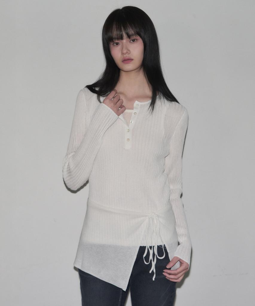 Ledeoli Henley Neck Layered Set Linen Knit Top [Black]