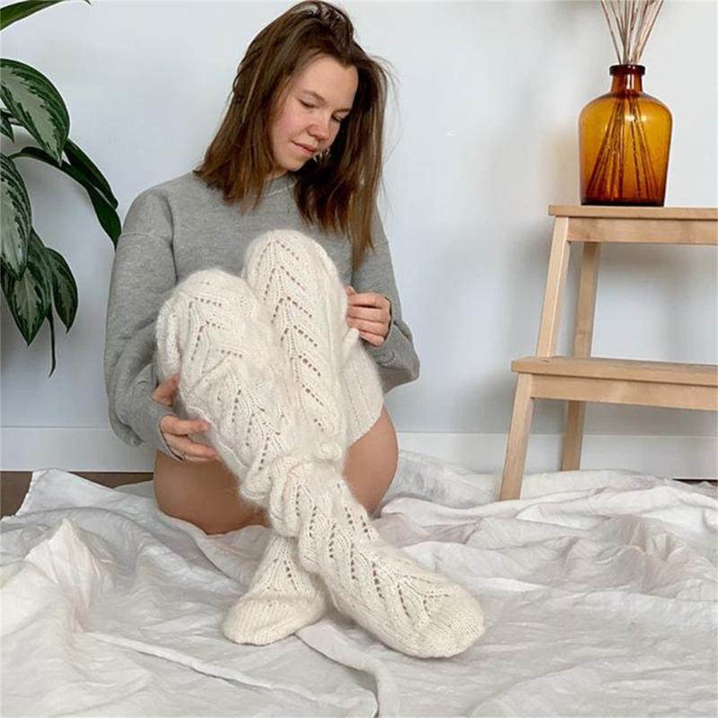 Hollowed Out Knitted Over Knee Long Socks for Women Winter Fall Thigh High Stockings Solid Color Thermal Long Leg Warmer