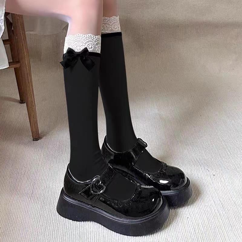 Japanese-style Lolita black bow knee-high socks for women with white lace jk Flattering lace trim for the legs