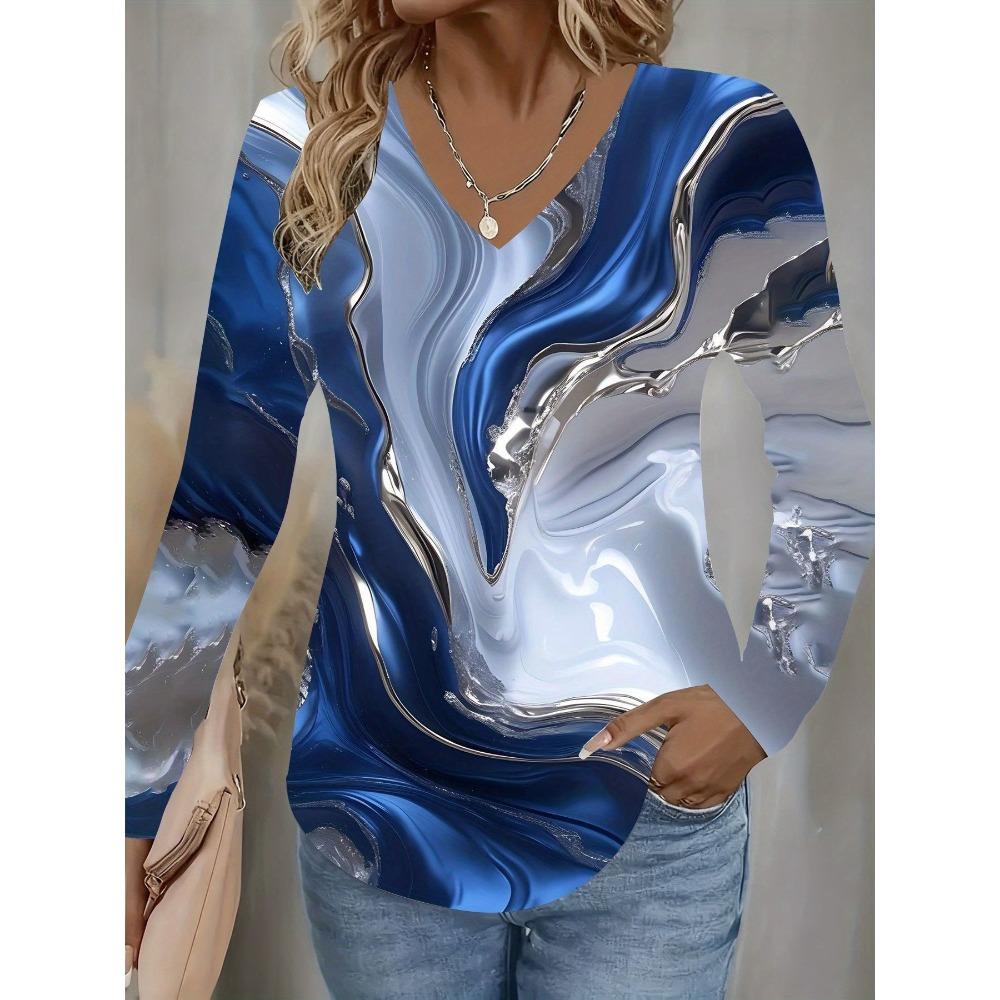 Women'S Marble V-Neck Long Sleeve T-Shirt, Blue And Silvery Shiny Marble Long Sleeve Top, Casual Occasions