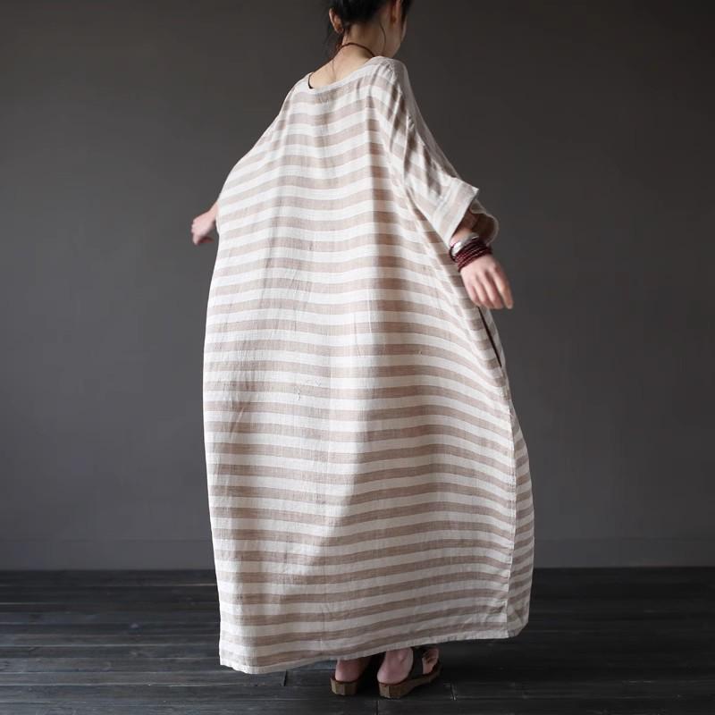 2024 Spring Ethnic-Style Mid-Length Striped Cotton Linen Dress for Women