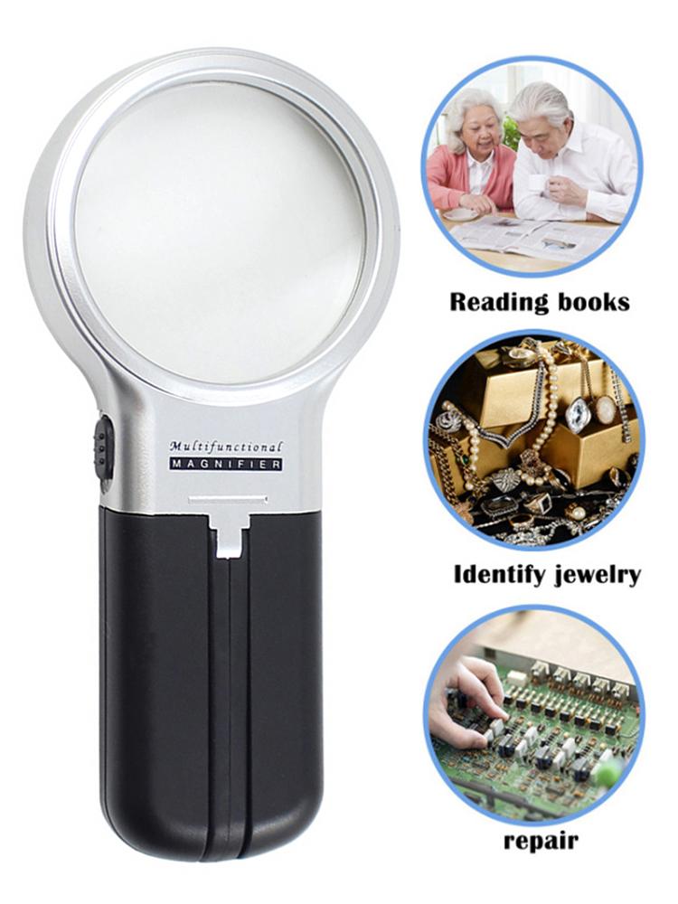 Lente d'ingrandimento pieghevole 3X Lente d'ingrandimento da lettura Portatile Portatile Lente d'ingrandimento illuminata con 2 luci LED per la lettura di giornali