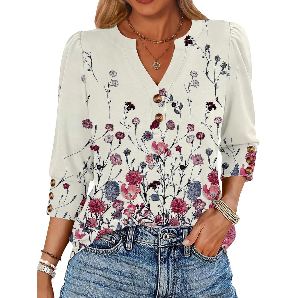 Women's Retro Printed Loose 7-inch Sleeve Top