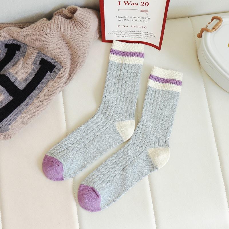 Retro Parallel Striped Thick Needle Socks Contrasting Color Wool Pure Cotton Medium Tube Socks Pure Cotton Stacking Socks