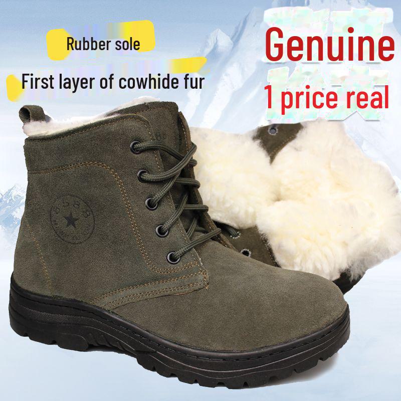 Men's Thick Fur-Lined Cowhide Winter Snow Boots with Steel Toe